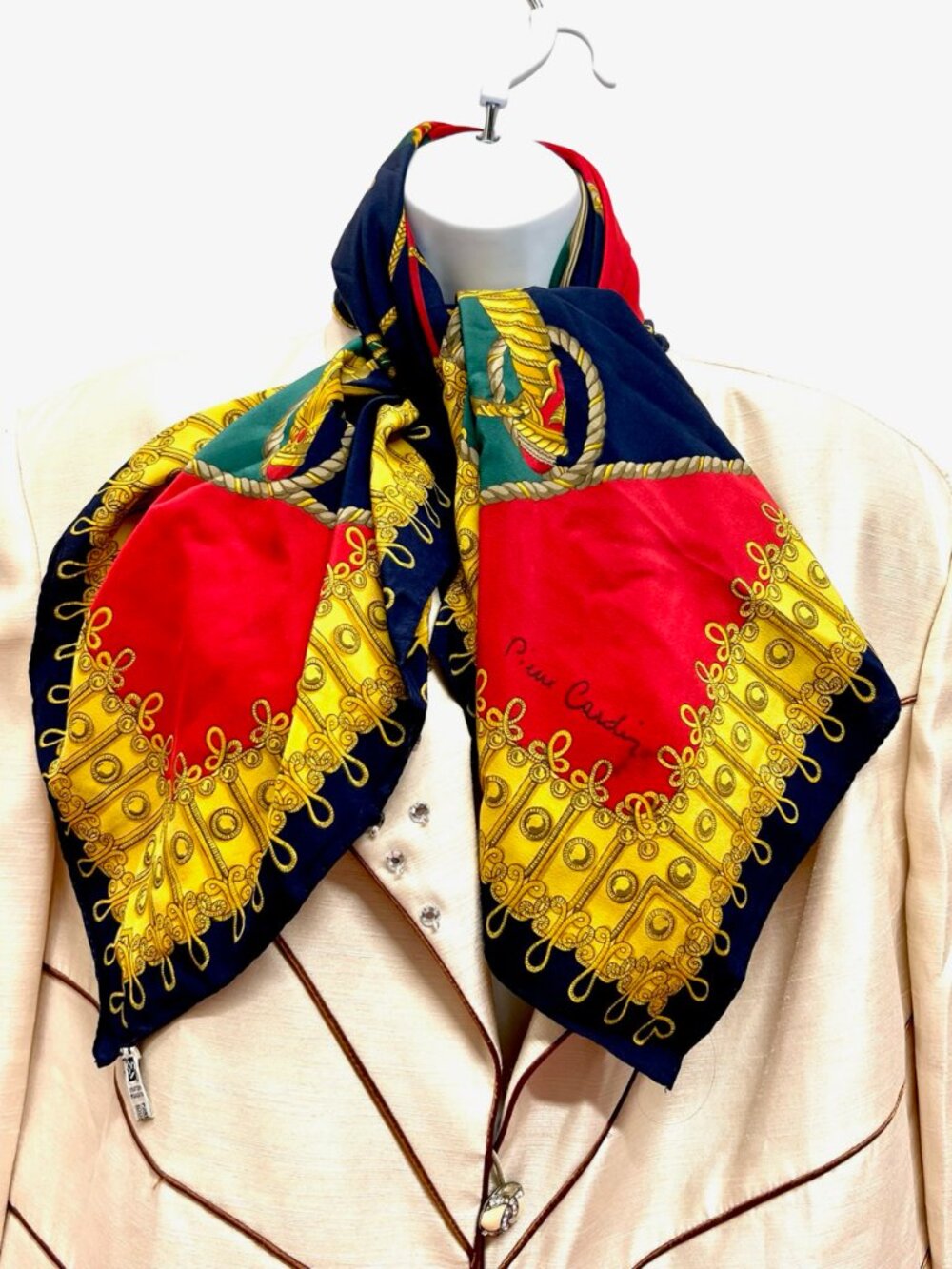Vintage Pierre Cardin Paris 100% silk satin scarf 34" red black gold green (73 - Picture 3 of 11